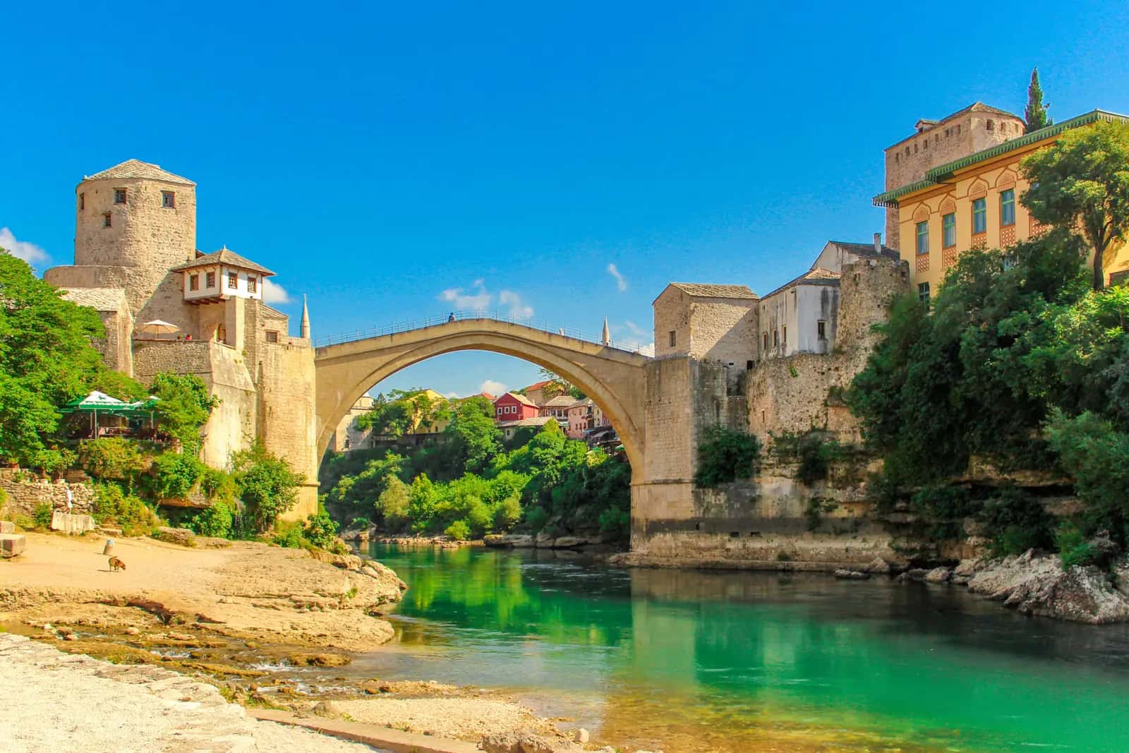 Mostar Old Bridge seen from the Neretva riverbank